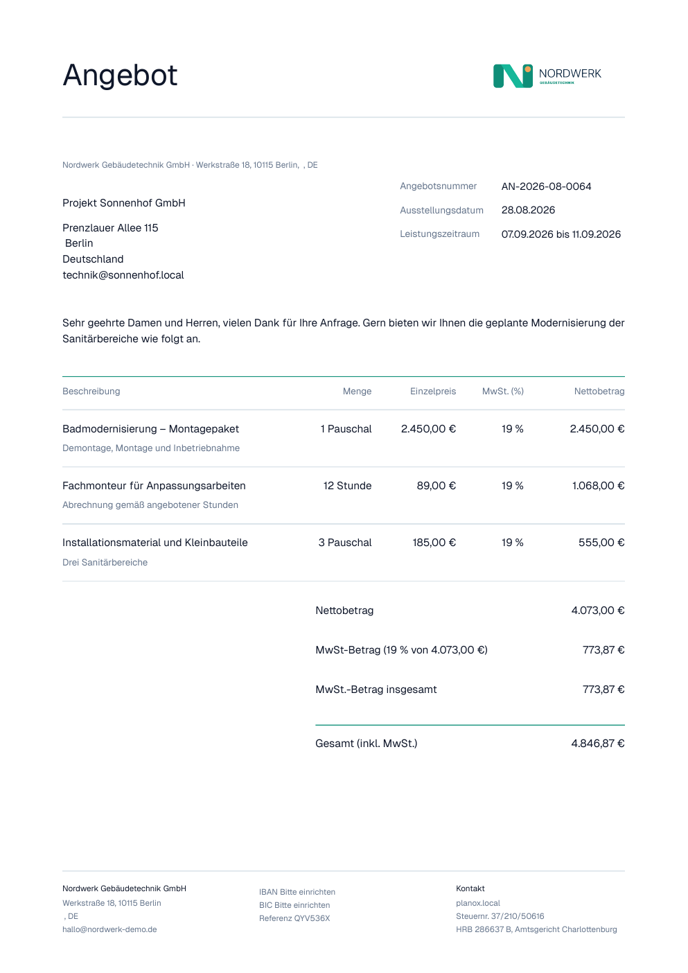 Angebot aus PlanOX