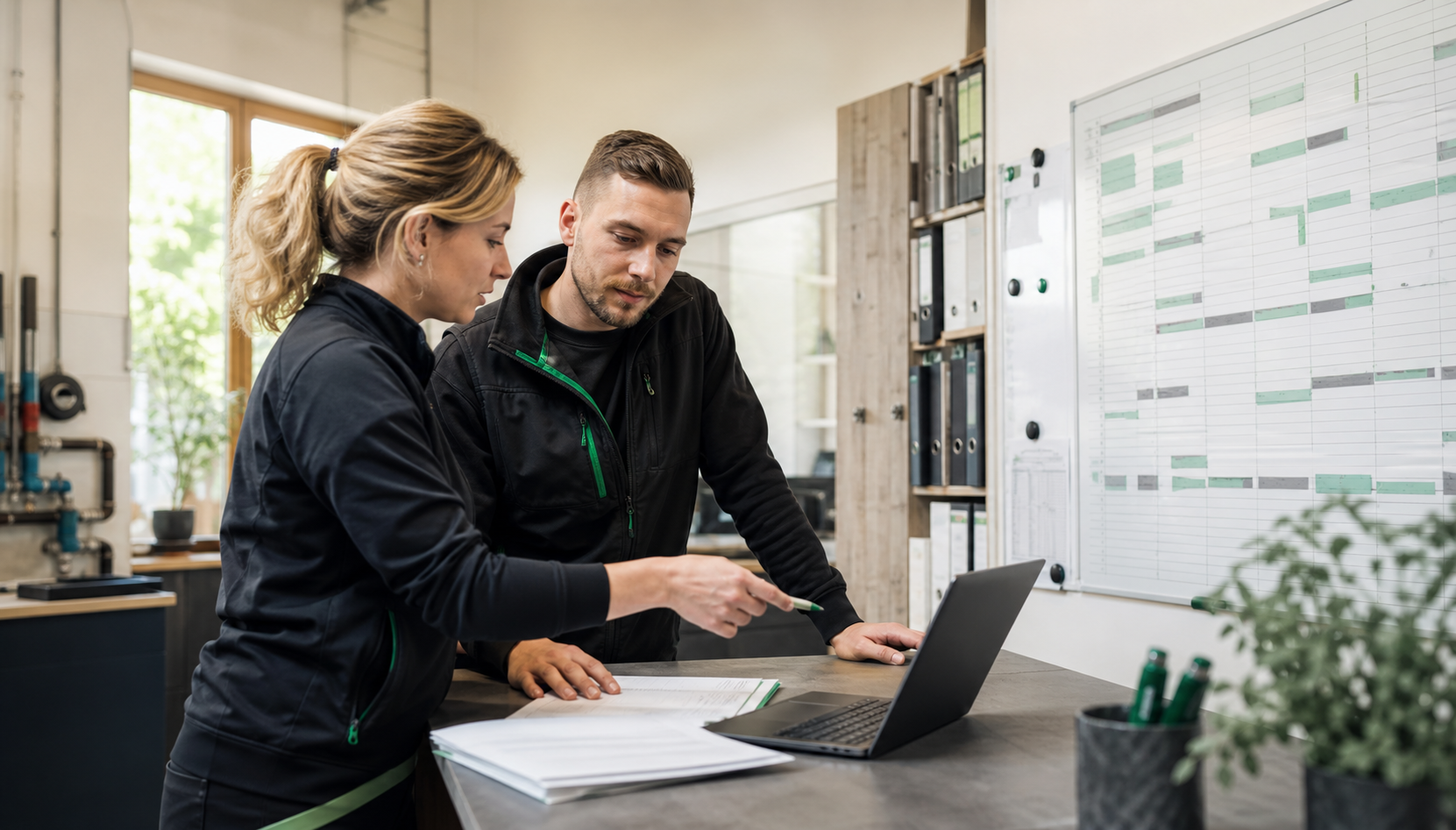 Zwei Handwerker planen gemeinsam die nächsten Einsätze