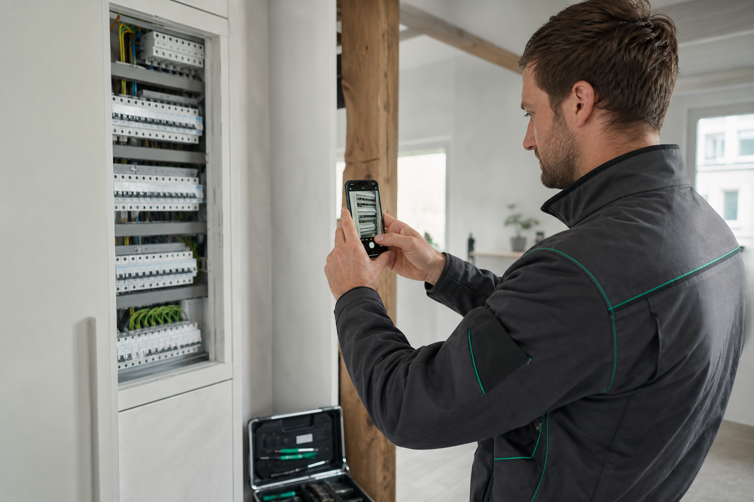 Handwerker dokumentiert eine Installation direkt beim Kunden