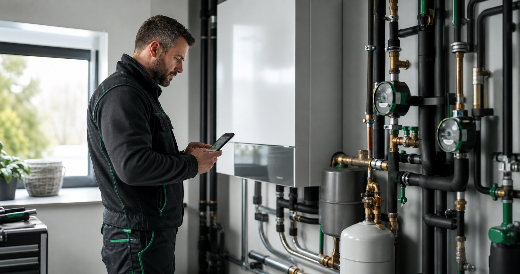SHK-Handwerker dokumentiert eine Heizungsanlage mobil mit PlanOX
