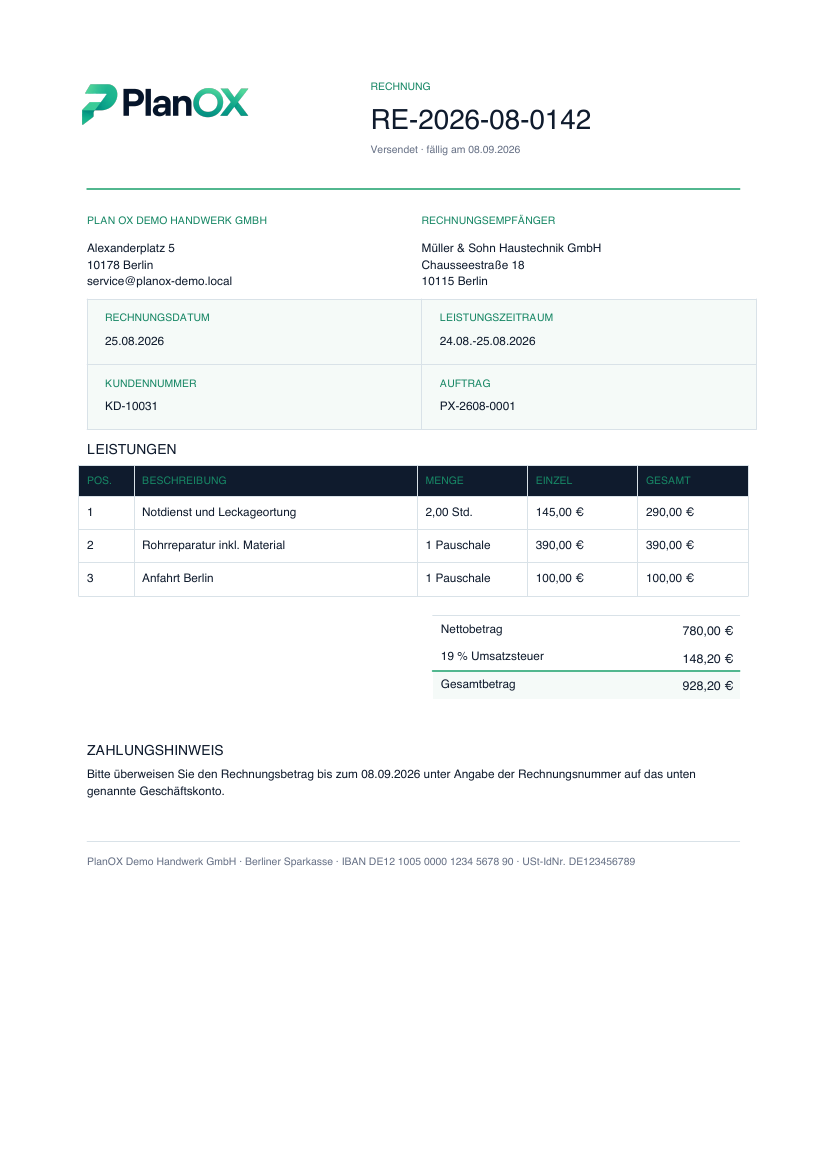 PlanOX Rechnung als PDF